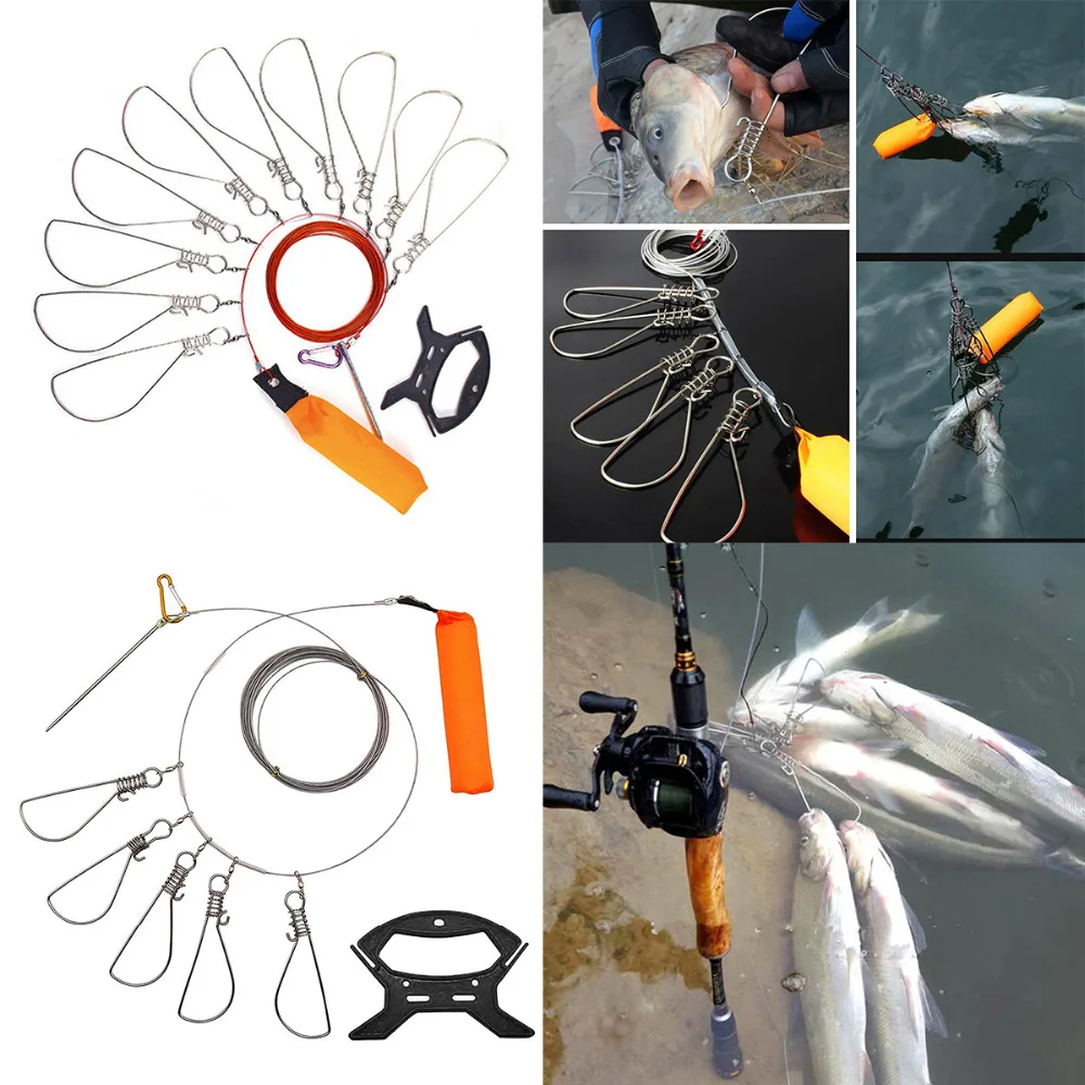 

Fishing Stringer Clip Fish Lock Stainless Steel Wire Rope Lanyard Live Fish Lock with Float 5 or 10 Metal Snaps