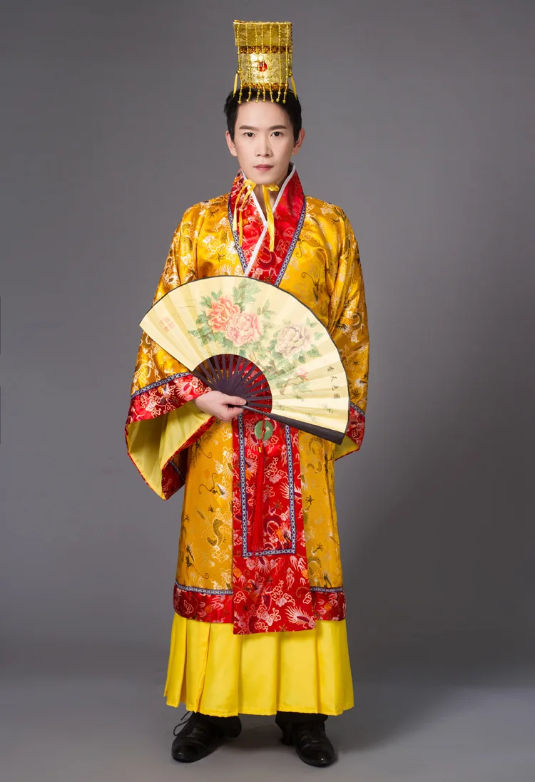 Костюм для взрослых китайский Hanfu платье мужской император король сценические костюмы костюм Тан халат+ шляпа комплект