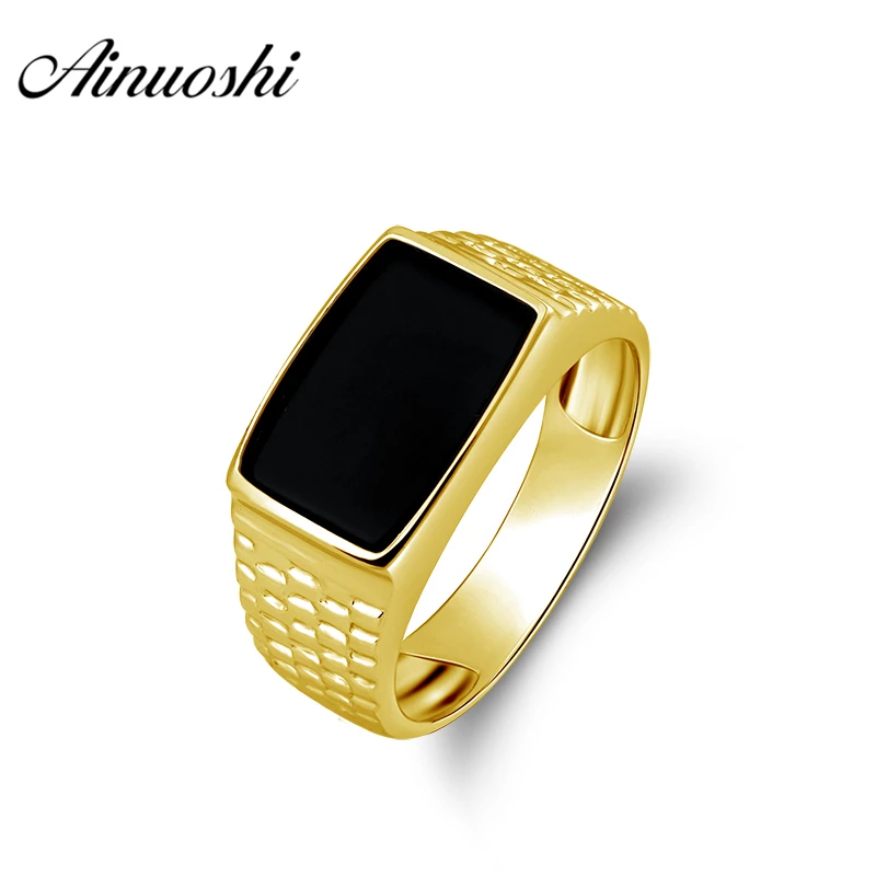 

AINUOSHI 7.0g Black Agate Rectangle Ring 10K Solid Yellow Gold Solitaire Ring Wedding Engagement Gold Jewelry Wedding Men Band