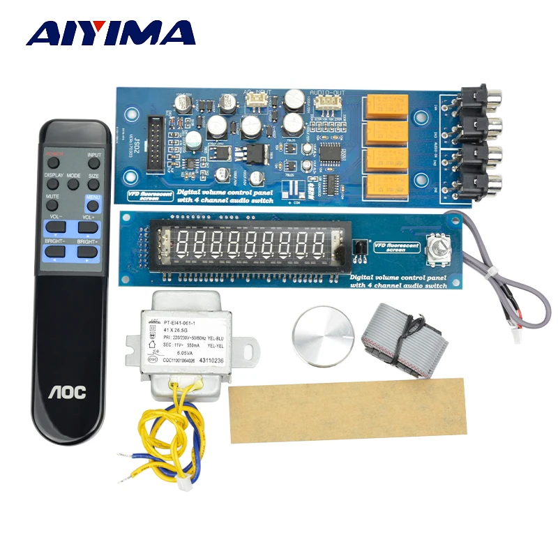 

AIYIMA VFD Screen Remote Control Digital Volume Control Board HiFi Preamplifier 4 Way Audio Sswitching Power Amplifier AC12V