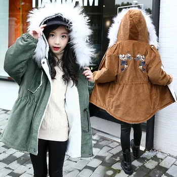 

Girl's Cotton 2018 New Padded Jacket Winter Long Embroidered Cotton-padded Jacket Middle School Children's Coat