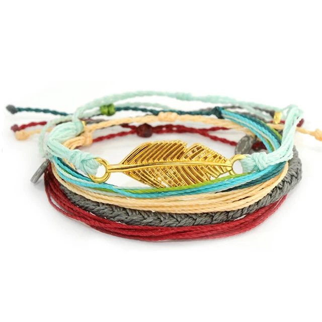 Braided Adjule Tie Clasp Friendship Bracelet Gold Leave Charm Braided Adjule Tie Clasp Friendship Bracelet Gold Leave Charm Handmade String Rope Cord Jewelry Stack