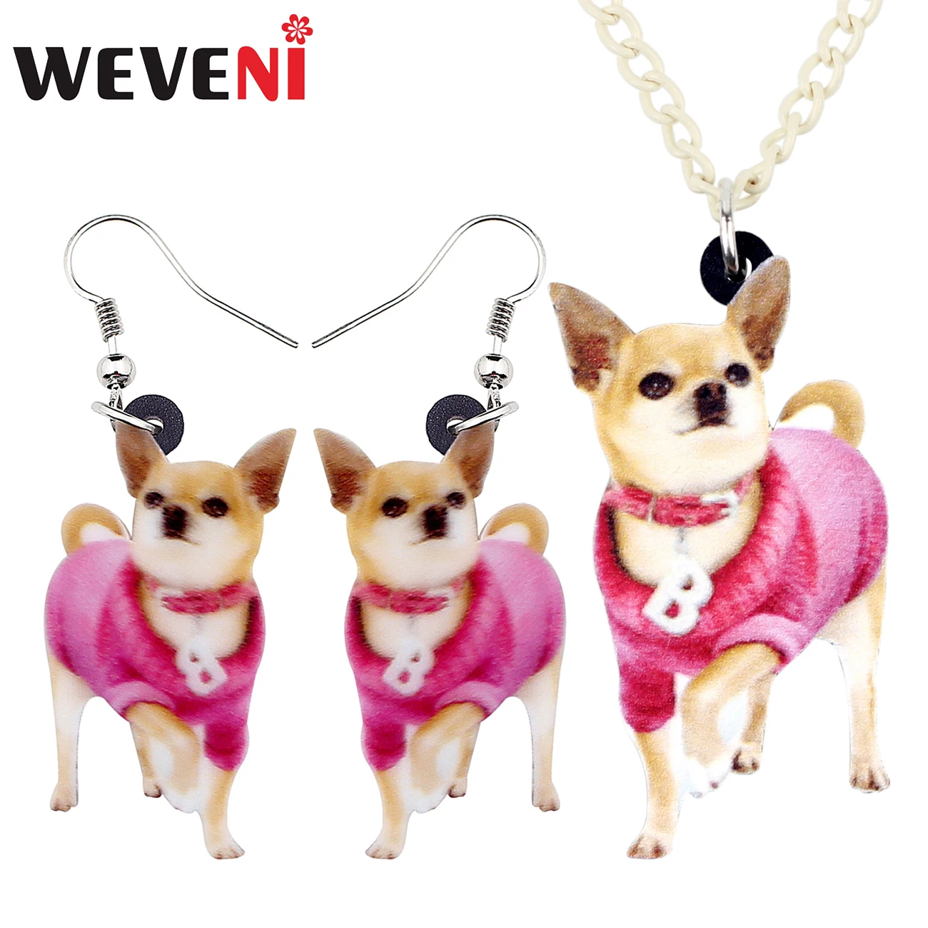 

WEVENI Acrylic Pink Chihuahua Dog Jewelry Sets Earrings Necklace Pendant Cartoon Cute Animal Gifts For Women Girls Pet Wholesale