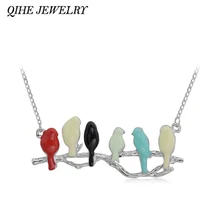 Qihe joyería esmalte amor animal lindo aves colgante seis pájaro en la rama mujeres largo collar de cadena fina joyería Accesorios