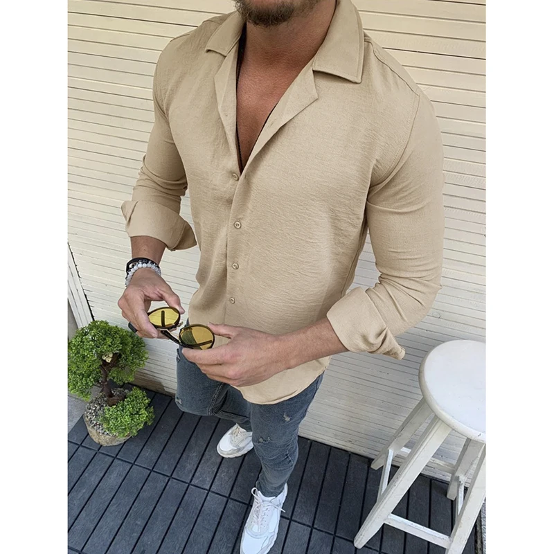 Mens Shirt Fashion Lapel Long Sleeve Solid Shirts Man Slim Fit Elegant Tops Streetwear Tunic Blouse Shirts Men's Clothes 3XL
