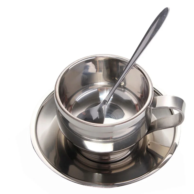 المطبخ Coffeeware مجموعة مزدوجة جدار الفولاذ المقاوم للصدأ طقم فناجين قهوة ، 1 قطعة القهوة كوب + 1 قطعة حصيرة + 1 قطعة ملعقة خلط لوازم
