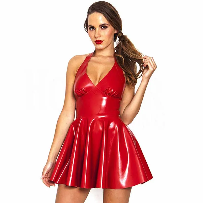 Black Red Wetlook Ruffles A line Womens Tunic Party Dress Plus Size Sexy Deep V neck Backless Summer Vinyl Leather Club Wear XXXL (5)