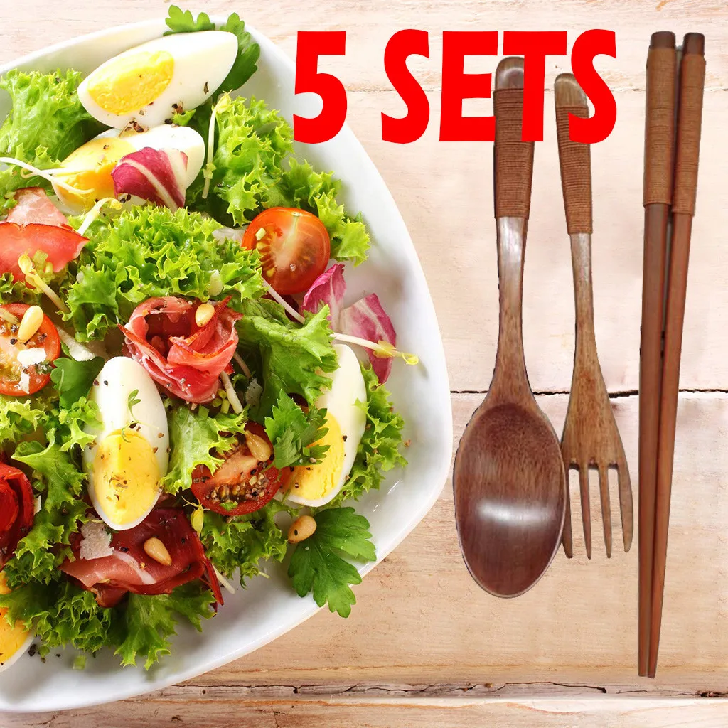

2019 latest hot sale explosion5sets Chinese Vintage Wooden Chopsticks Spoon Fork Tableware 3pcs/Set New Gift