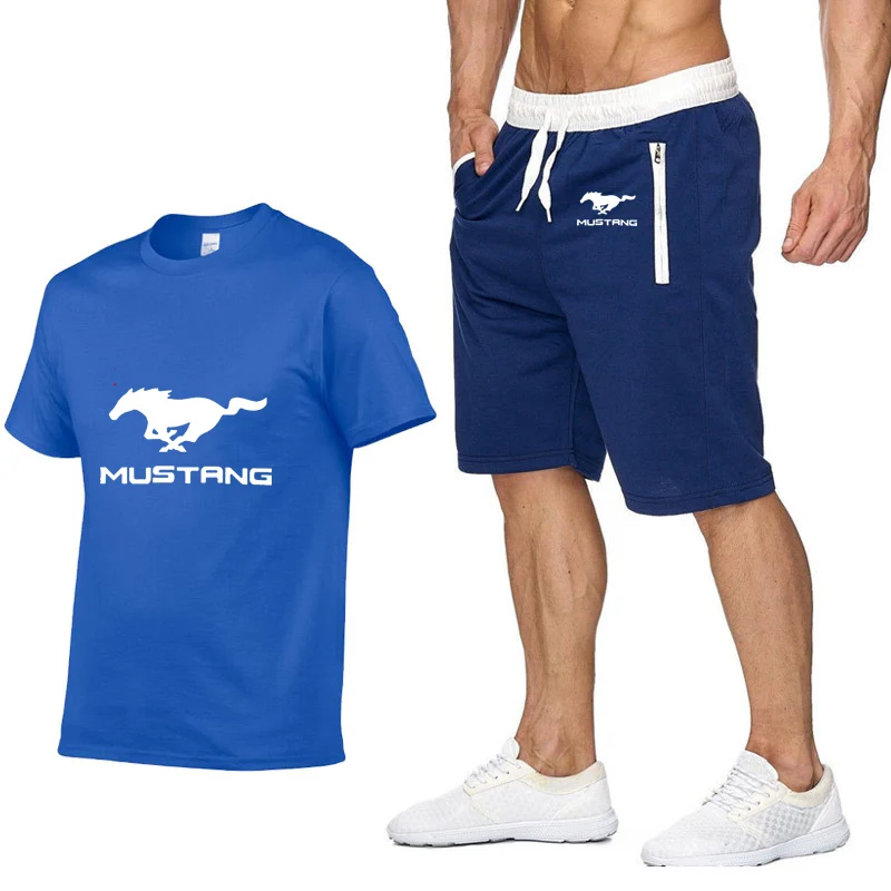 Мужская футболка с коротким рукавом и логотипом Mustang, летняя мужская футболка в стиле Харадзюку, Высококачественная хлопковая футболка, штаны, костюм, спортивная одежда - Цвет: 810