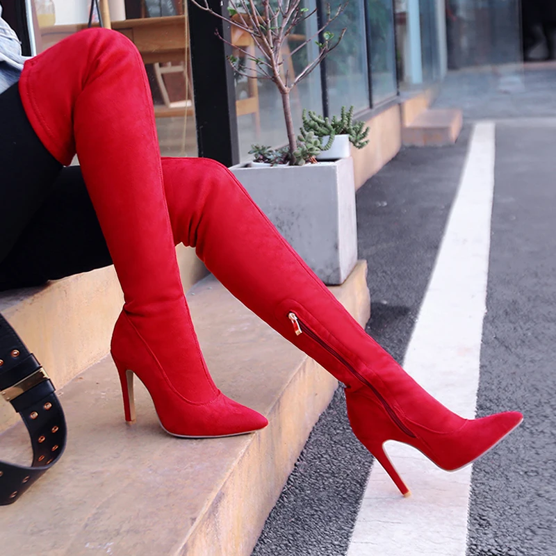 Meotina/женские ботфорты выше колена; пикантные высокие сапоги на очень высоком каблуке; осенние сапоги до бедра; весенняя женская обувь на молнии; Цвет Красный