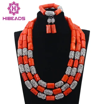 

Fabulous Big Coral Beaded Bridal Jewelry Set Charms 3 Layers Real Coral Beads Nigerian Jewelry Set Silver Free Shipping CNR710