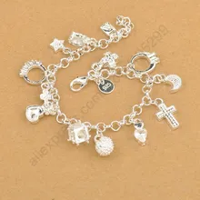 Qualidade Superior Exquisite 925 Sterling Silver Charme Pulseira Pingentes Cruz Agradável Lua Relógio Coração Jóias Para Mulheres Meninas(China)