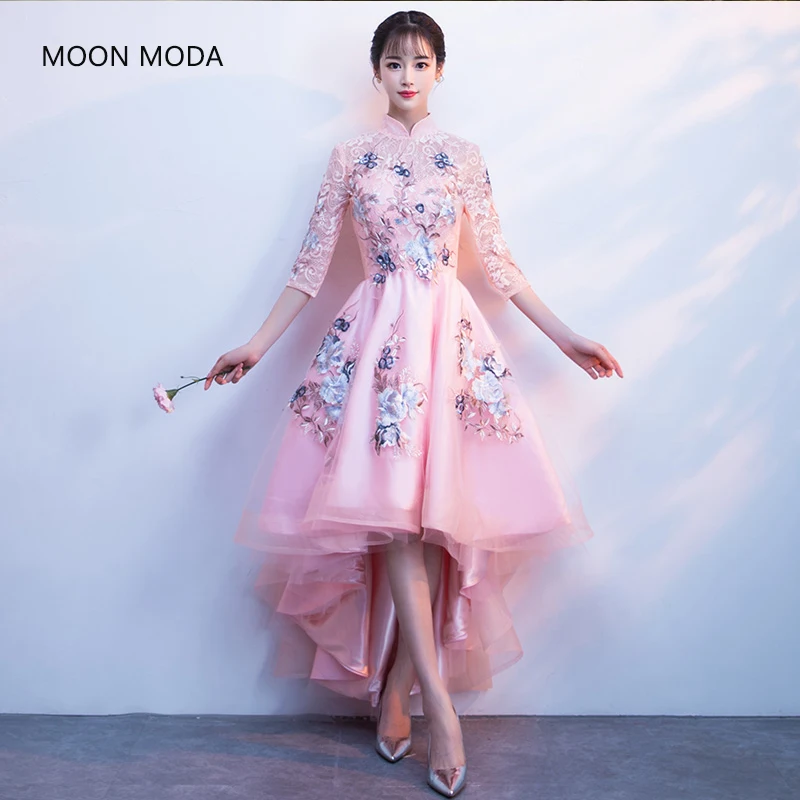 MOON MODA высокое низкая Выпускные платья 2018 вышивка Линия вечерние элегантные vestido de