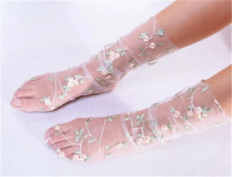 Винтажные женские ажурные носки длиной по щиколотку сетчатый со стразами с оборками и бантом кружевные шелковые вышитые цветочные носки черного и белого цвета