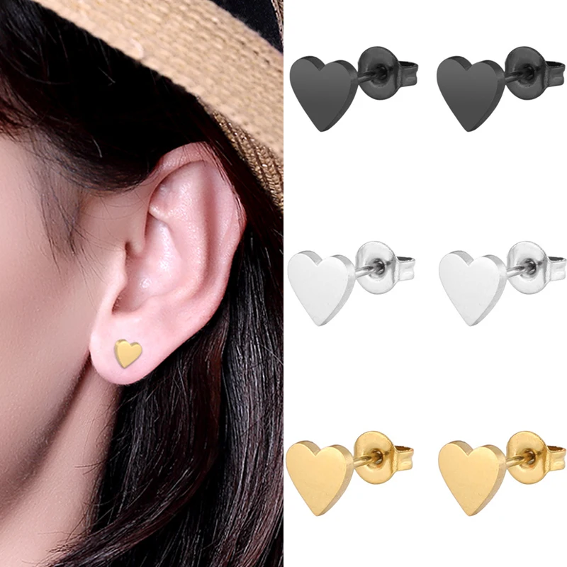 

Silver Golden Hot Sale Lovely 6mm/8mm Simple Alloy Heart Black Girls Seaside Cute 1Pair Party Small Stud Earring Stainless Steel