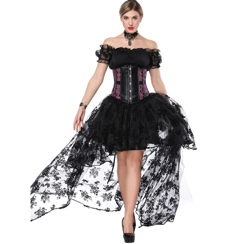 Women Sexy Gothic Victorian Steampunk Corset Dress Leather Overbust Corsets And Bustiers Lace Black Wedding Party Corset Dress (11)