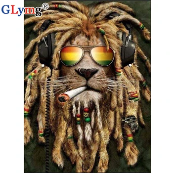 

GLymg Diy Diamond Painting Full Drill Square Cross Stitch Lion Sunglasses Animal Picture Diamond Embroidery Mosaic Decoration