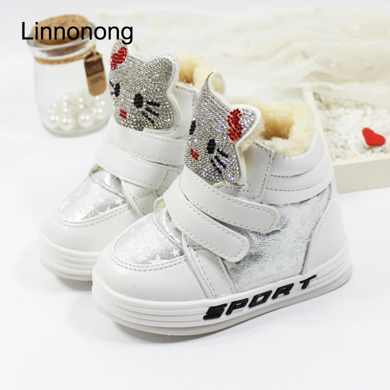Детские зимние модные ботинки для девочек с плюшевой подкладкой hello kitty со
