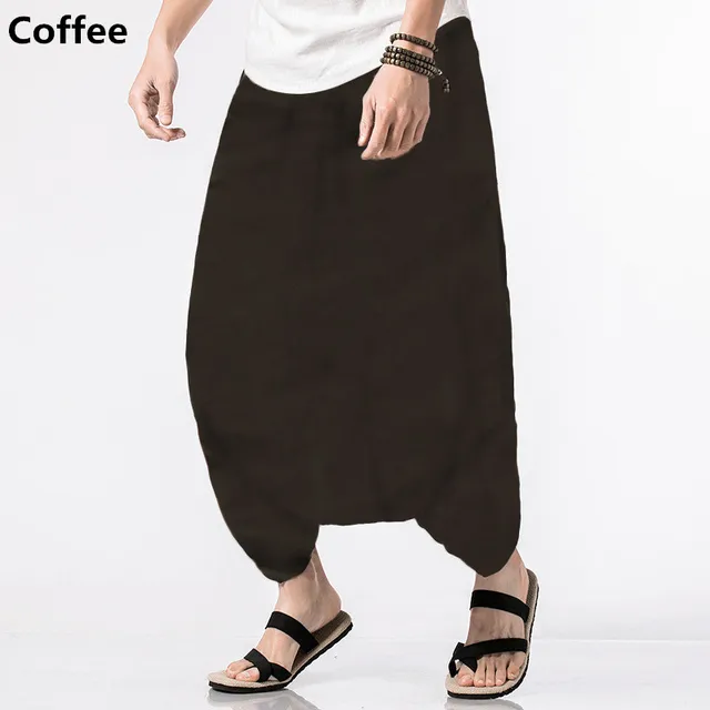 Summer Cotton Men’s Pants Ankle-Length Strip Print Design Elastic Waist Big Crotch Baggy Trousers Casual Harem Hip Hop Bottom