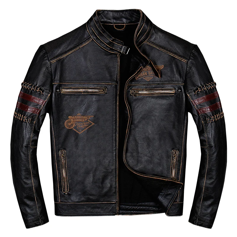 

2019 Vintage Black Men Genuine Biker's Leather Jacket Plus Size XXXL Cowhide Slim Fit Motorcycle Leather Coat FREE SHIPPING