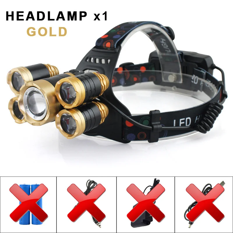 Only Lamp GOLD Светодиодный налобный фонарь T6 5000лм, фонарь для рыбалки, фронтальная фара, водонепроницаемый, USB 18650, перезаряжаемый, масштабируемый, светодиодный фонарь - Испускаемый цвет: Only Lamp GOLD