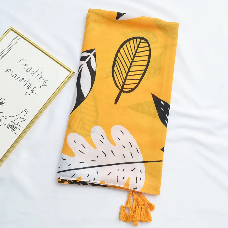 

women designer scarf 2019 female autumn spring Japanese style fresh long yellow leaf printing head scarf cloud wraps