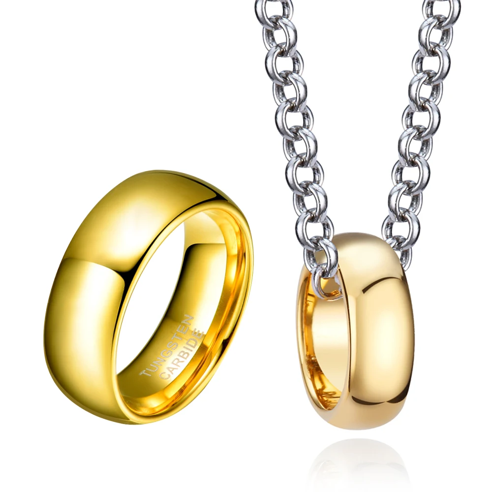 

Gold Color Tungsten Carbide Jewelry Set 8mm Wide Ring and Charm Neckalce Pendant for Bride Couples Lovers with free Steel Chain