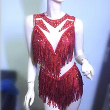 Сексуальное цельнокроеное боди с блестками и кисточками, украшенное стразами, красный женский певец, DJ DS, легкая танцевальная одежда, сценический костюм, шоу, вечерние платья для выпускного вечера