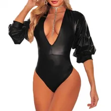 V Neck Puff Sleeves Plus Size Bodysuit Black Faux Leather Womens Rompers Sexy Club Long Sleeve Bodys Mujer Sexy Clubwear black lace up design v neck long sleeves sexy bodysuit