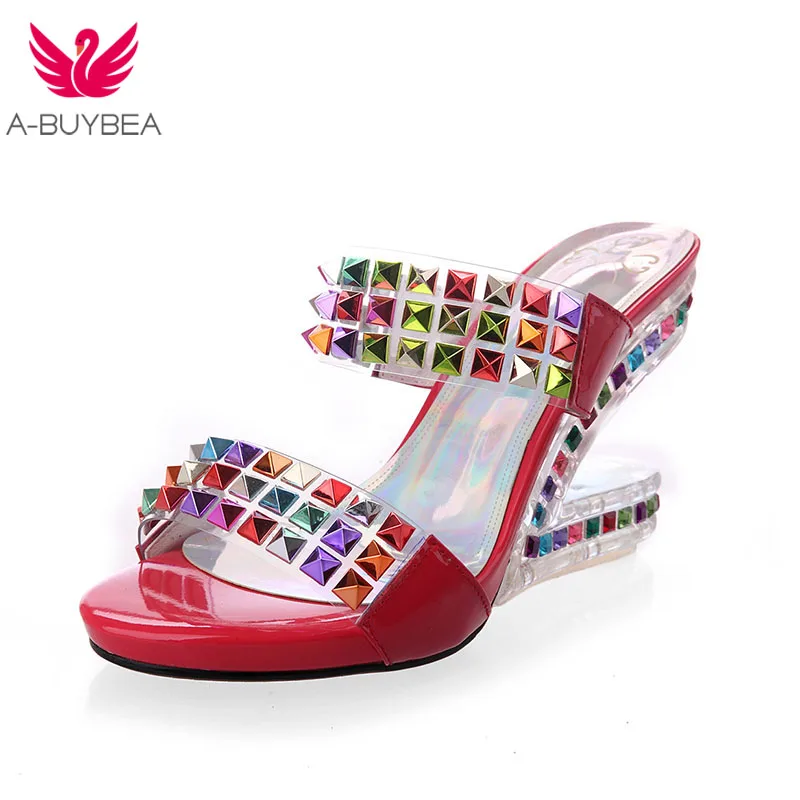 

Real Leather & PVC Women Slippers Strange Heels Crystal Women Summer Shoes Fashion Platform Red/White Women Party Shoes Size 39