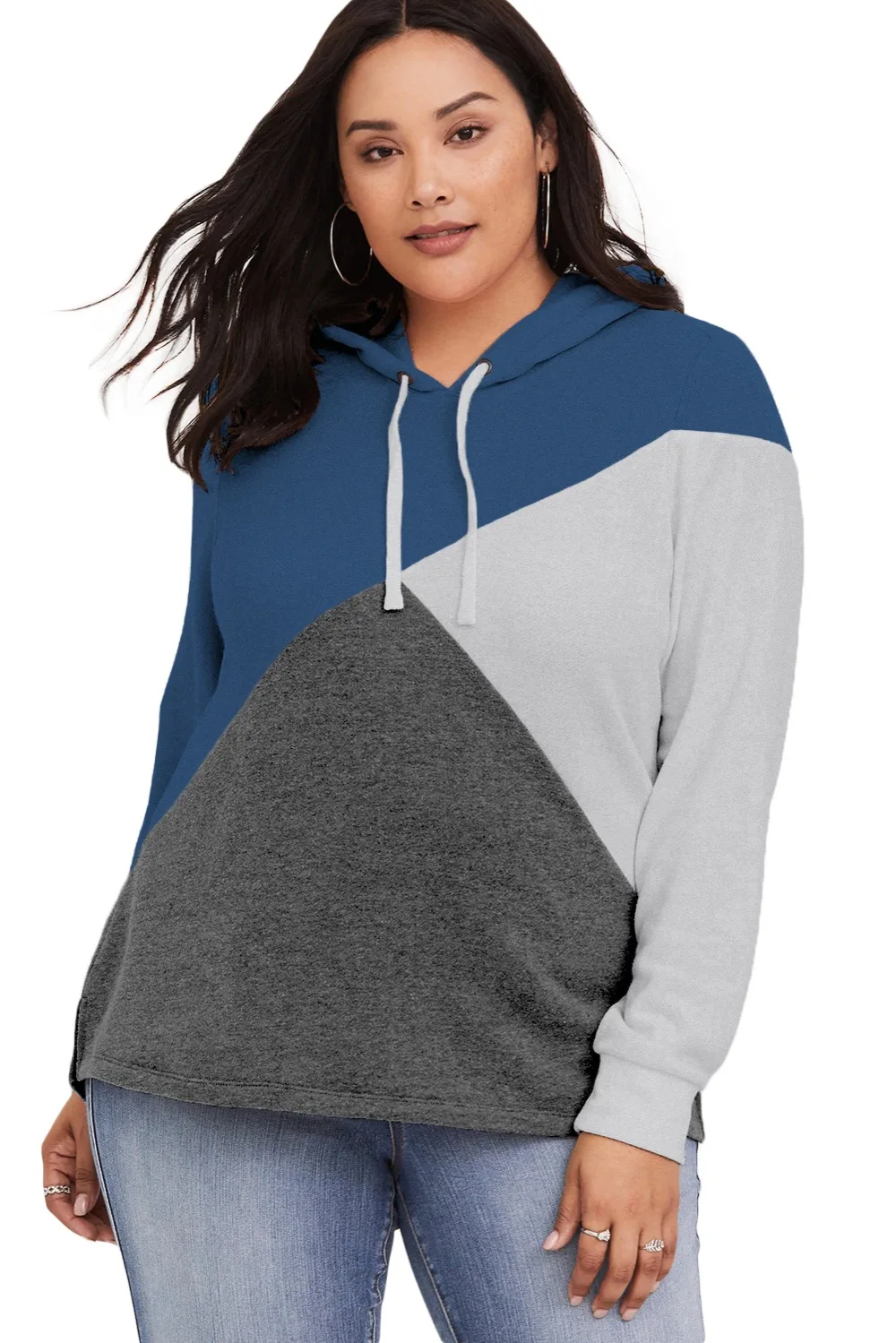 Blue-Hooded-Tricolor-Blocked-Plus-Size-Top-LC251565-5-1