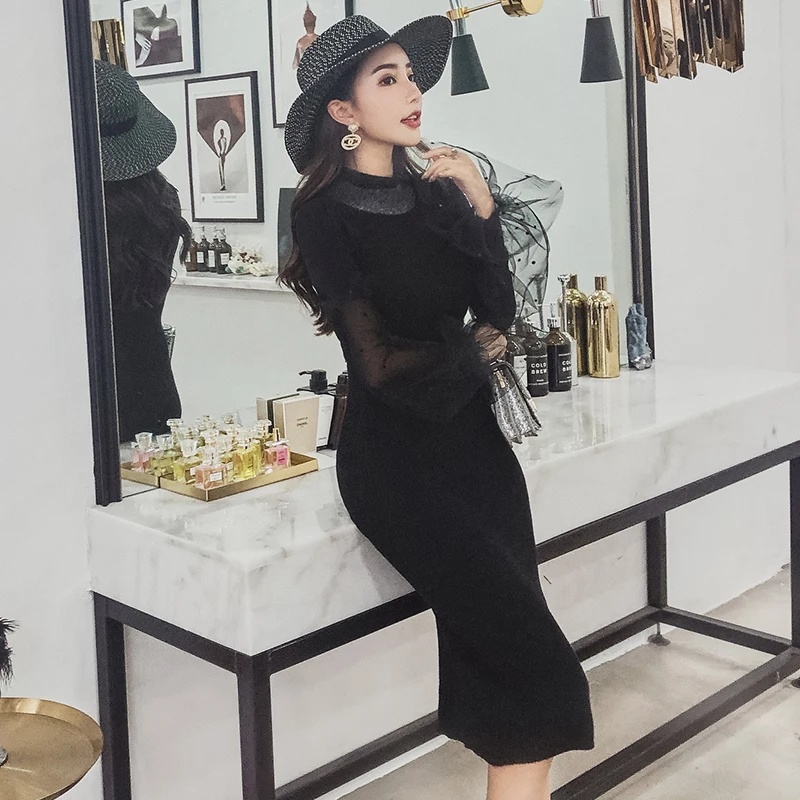 Vestidos 2018 осенне зимнее платье свитер карандаш модное женское красное лоскутное