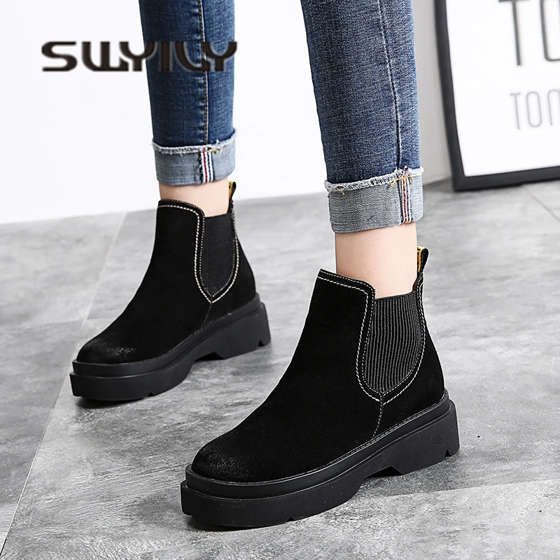 SWYIVY Womens Chelsea Boots Velvet Winter 2018 Suede Female Casual Shoes Ankle Snow Boots Fur Winter Shoes Slip On Boots Wedge