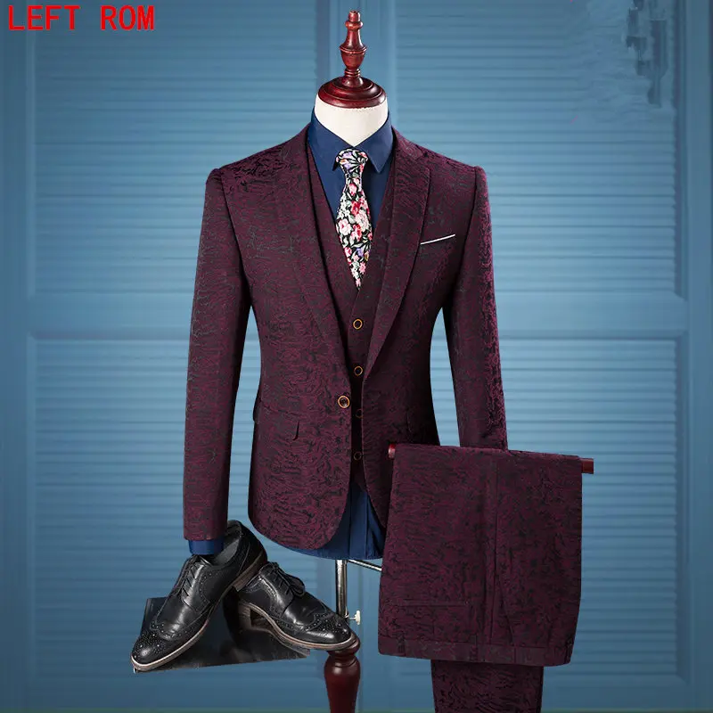 (Jacket+Vest+Pants)Fashion Leisure Suits  Men's Rhree-piece Wine Red Print Korean Slim After the Split Suit Bridegroom Wedding