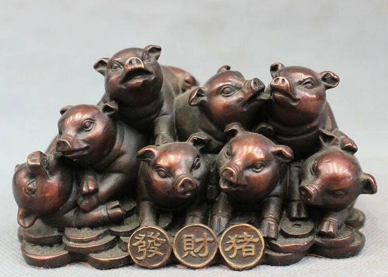 

Chinese Pure Bronze Folk Year Zodiac Wealth 7 Fu Pig On Coin Statue Animals