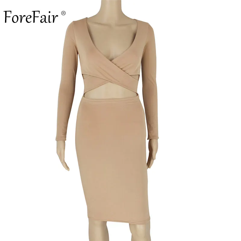 ForeFair с длинным рукавом Bodycon Midi Бандажное платье для женщин хлопок эластичные элегантные сексуальные платья белый черный красный Женское зимнее платье - Цвет: Khaki Dress