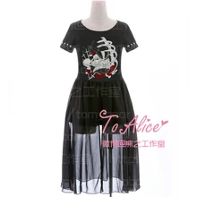 Стильная летняя черная футболка с короткими рукавами для девочек в стиле тьма длинные шифоновые готические футболки с принтом для девочек, вышивка крестом