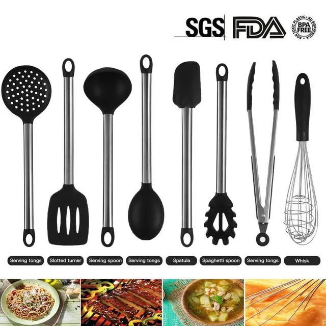 9Pcs Silicone Cooking Utensils Set Stainless Steel Handle Kitchen