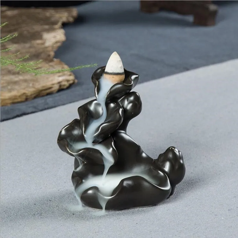 1PC Chinese Ceramic Incense Burner Lotus Pond Style Black Cone&Coin