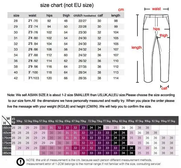 PU pants size chart 