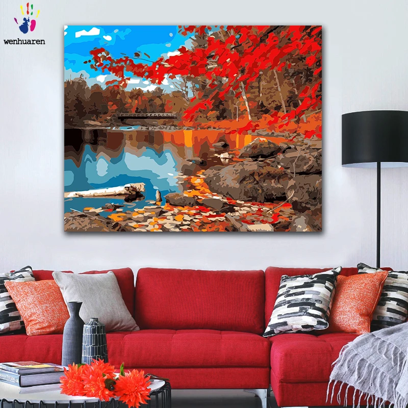 

DIY Coloring paint by numbers Beautiful maple forest by the river figure paintings by numbers with kits 40x50 framed