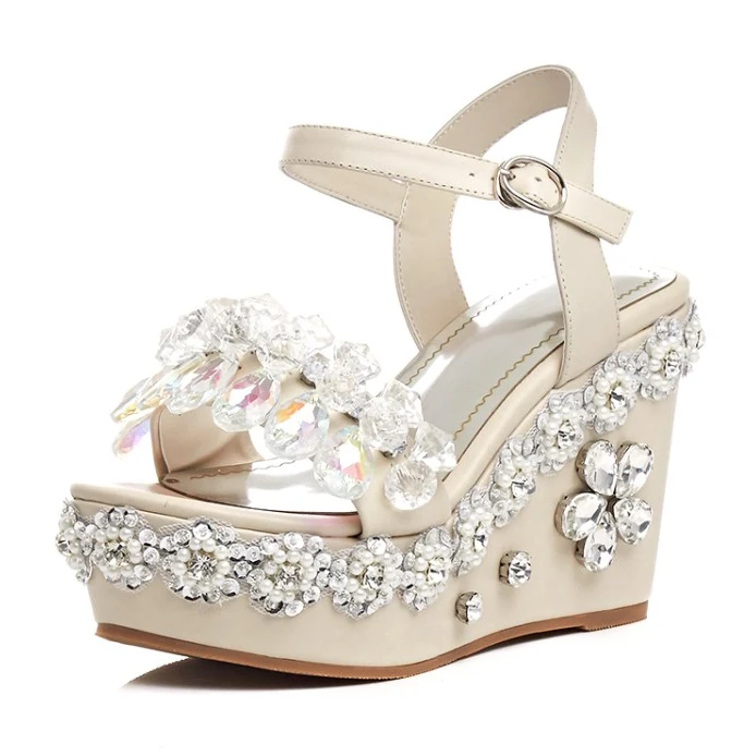 

High quality 2017 Summer Women's (White, apricot) Wedges Heel shoes fashion ladies handmade Platform Rhinestone sandals