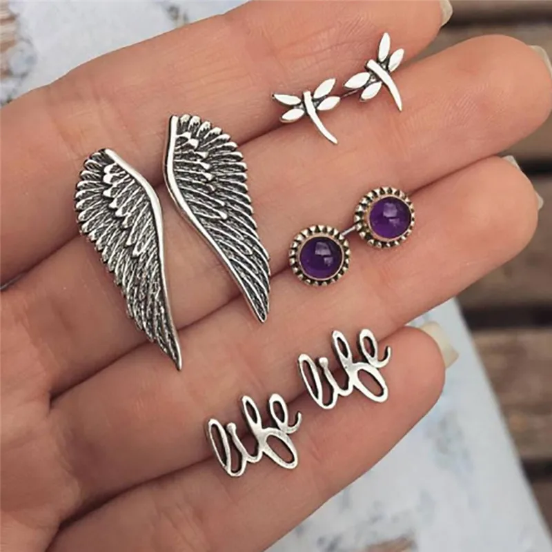 

Yobest New Vintage 4 Pairs/Set Women Feather dragonfly Stud Earrings for Women