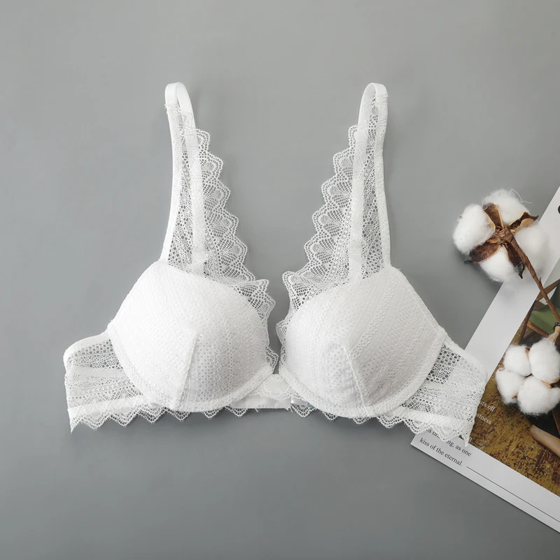 

Women white Bra Sexy Bralette patchwork lace Push Up transparent V-neck Female New Fashion Brassiere Lingerie Underwear