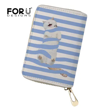 

FORUDESIGN Women Leather Card Case Blue striped Cat Printing Credit Card Holder Girls Student Cute ID Cards Wallet Business 2019