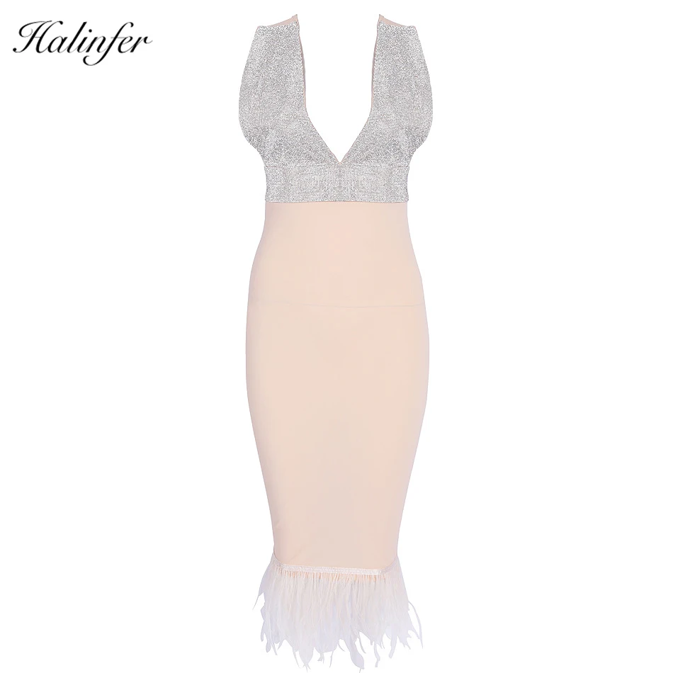 Halinfer, новое летнее женское платье, сексуальное, облегающее, v-образный вырез, перья, бриллиант, платье, элегантное, знаменитостей, вечерние абрикосовые платья, vestidos