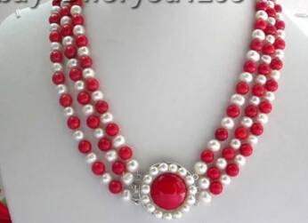 

N2490 Genuine!21" 3row Natural White Pearl Red Coral Necklace N Discount (A0325)
