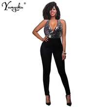2019 New Summer Silver Sequins Jumpsuit Women Deep V Neck Backless Elegant Sexy Sleeveless Club Romper Long Playsuit Overalls