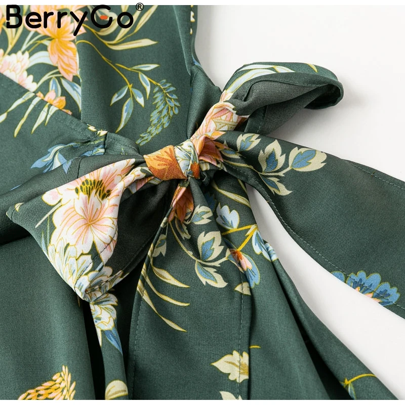 BerryGo, сексуальное женское платье с v-образным вырезом, цветочный принт, высокая талия, летнее платье, элегантное, с бантом, с рюшами, женское платье для вечеринки, vestidos