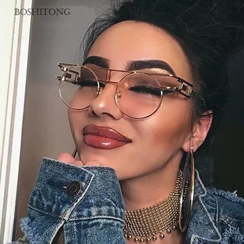 

High quality vintage Flat top round glasses clear lens men women fashion gold metal frame eyeglasses oversized Gold